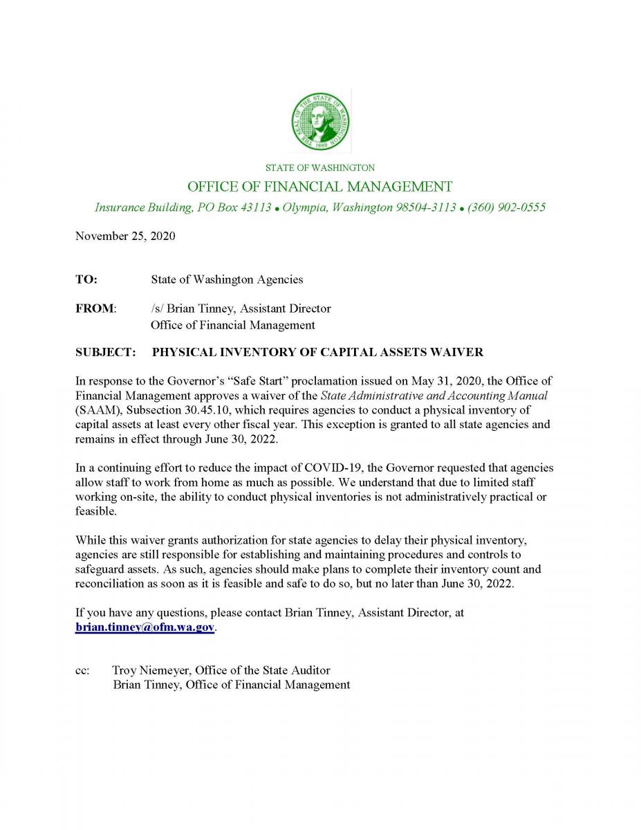 letter describing the physical inventory of capital assets wavier process